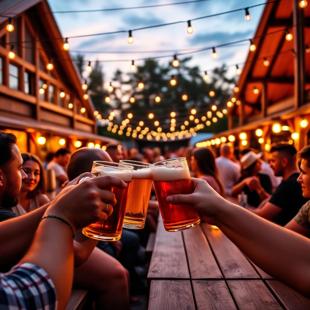 Festival crowd clinking beer steins in a beer garden at dusk