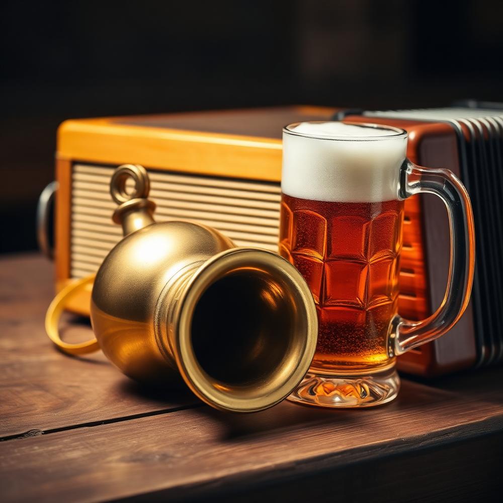 A brass horn bell and accordion beside a full beer stein on a wooden table
